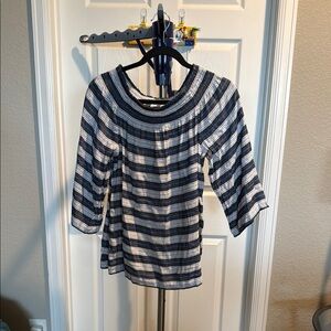 J. Jill Blue and White Striped 3/4 Sleeve Bib Collar Blouse. Size Small